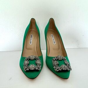 Manolo Blahnik Hangisi Green Heels with Ornate Embellishments Size 40
